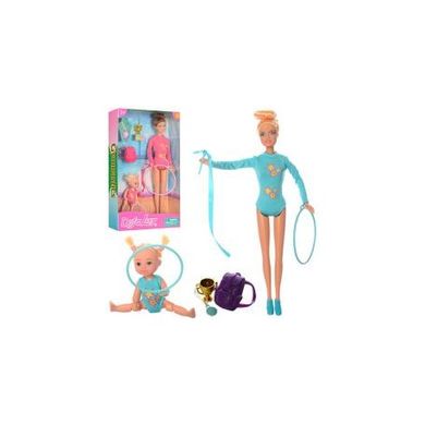 Кукла DEFA 8353 гимнастка,дочка10см,рюкзак,обруч2шт,лента,кубок,2вида,в кор-ке,20,5-32-5см